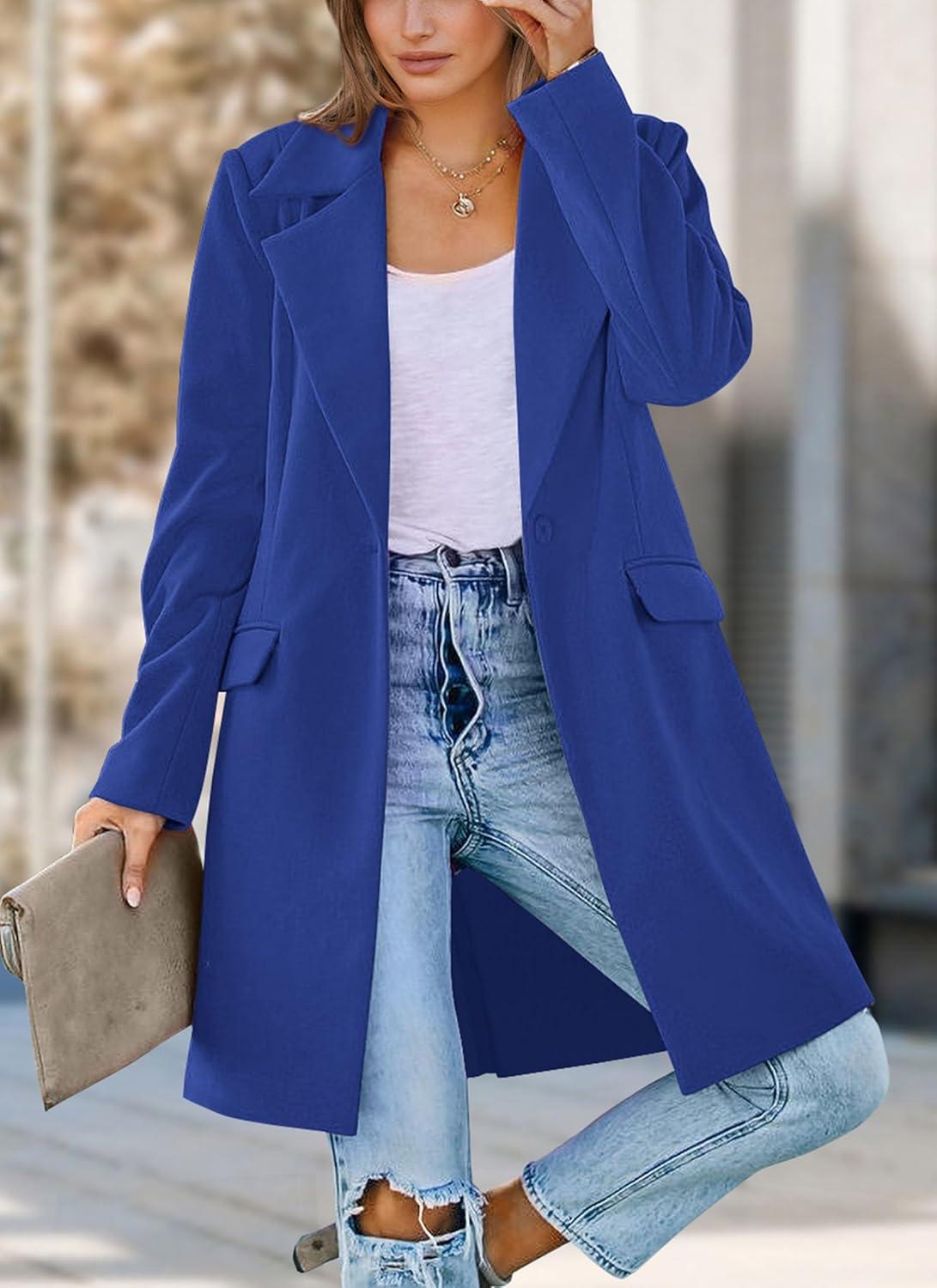 imagePRETTYGARDEN Womens 2026 Spring Fall Long Blazer Jackets Long Sleeve Lapel Pockets Loose Fit Work Casual Blazers OuterwearRoyal Blue