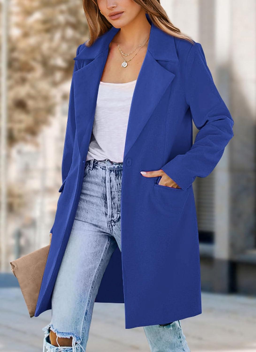 imagePRETTYGARDEN Womens 2026 Spring Fall Long Blazer Jackets Long Sleeve Lapel Pockets Loose Fit Work Casual Blazers OuterwearRoyal Blue