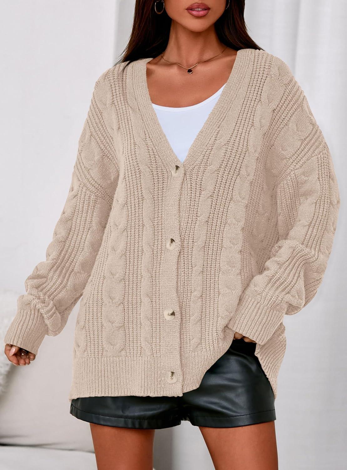imagePRETTYGARDEN Womens Chunky Cardigan Sweaters 2025 Fall Oversized Cable Knit Long Sleeve Open Front Cardigans Winter ClothingApricot