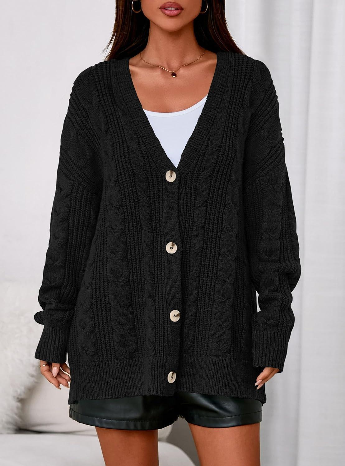 imagePRETTYGARDEN Womens Chunky Cardigan Sweaters 2025 Fall Oversized Cable Knit Long Sleeve Open Front Cardigans Winter ClothingBlack