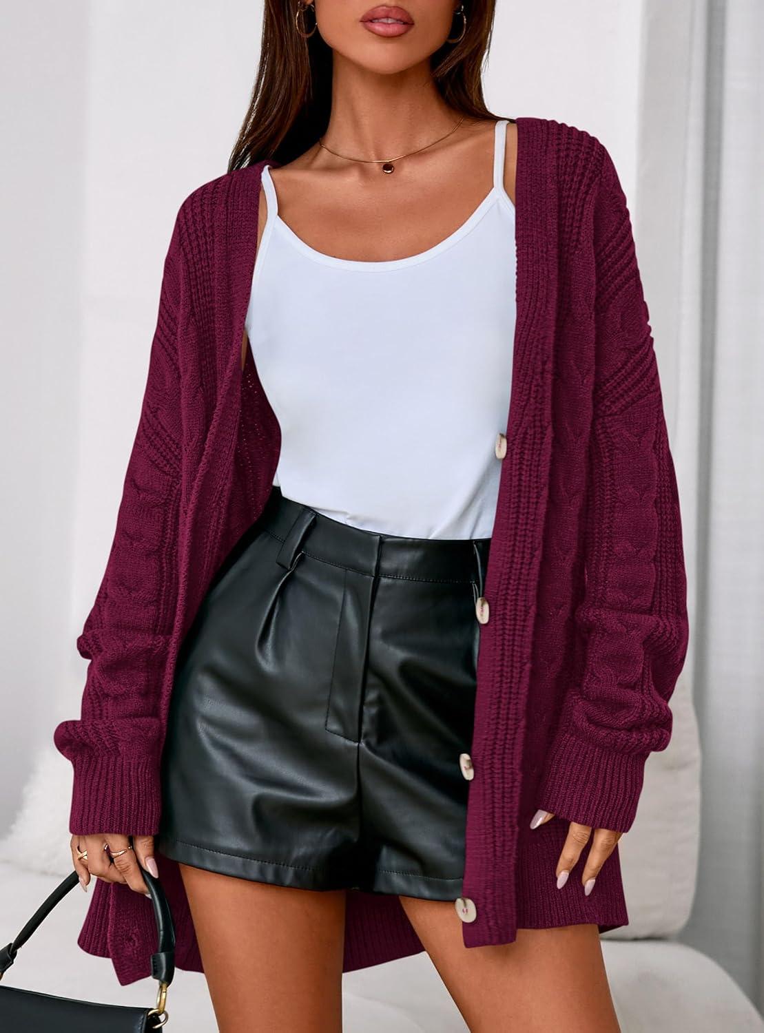 imagePRETTYGARDEN Womens Chunky Cardigan Sweaters 2025 Fall Oversized Cable Knit Long Sleeve Open Front Cardigans Winter ClothingBurgundy