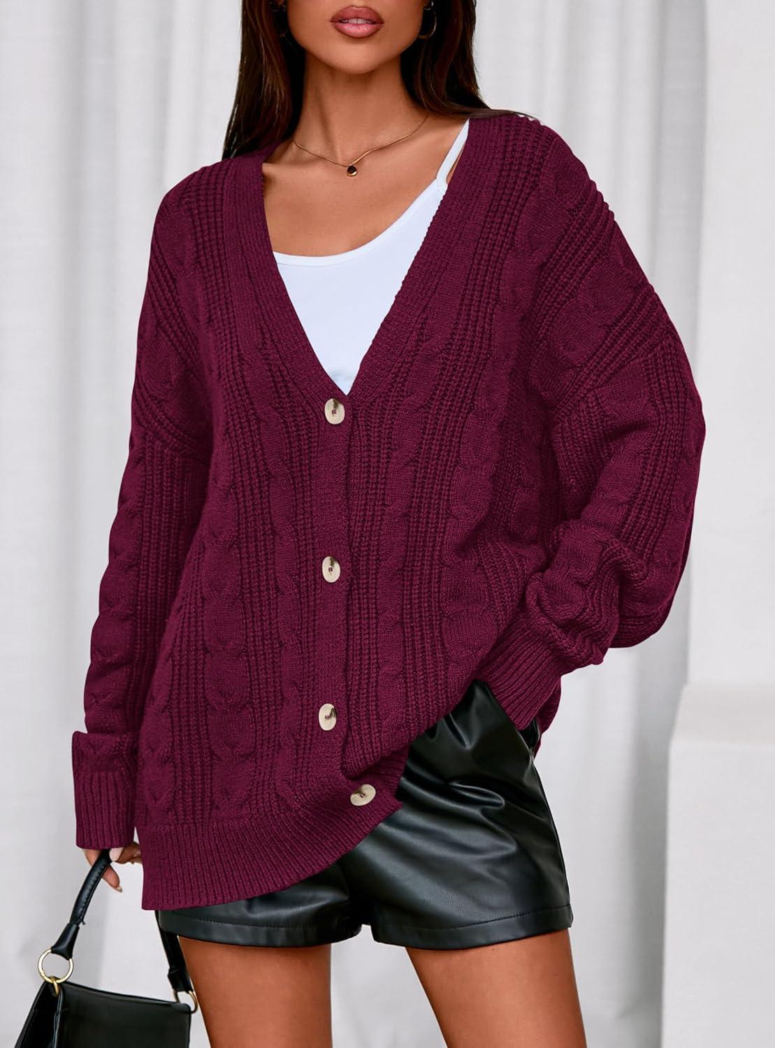 imagePRETTYGARDEN Womens Chunky Cardigan Sweaters 2025 Fall Oversized Cable Knit Long Sleeve Open Front Cardigans Winter ClothingBurgundy