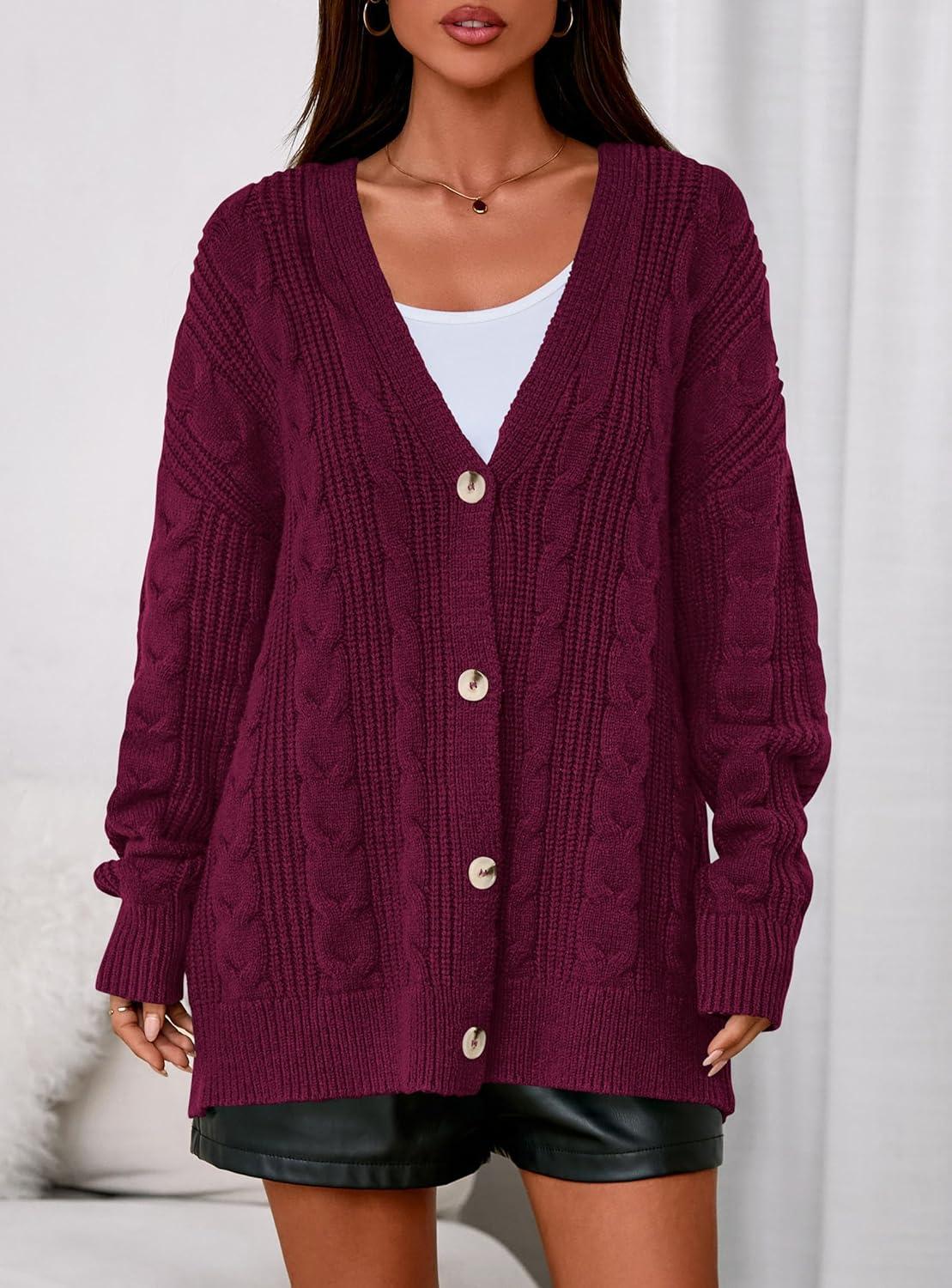 imagePRETTYGARDEN Womens Chunky Cardigan Sweaters 2025 Fall Oversized Cable Knit Long Sleeve Open Front Cardigans Winter ClothingBurgundy