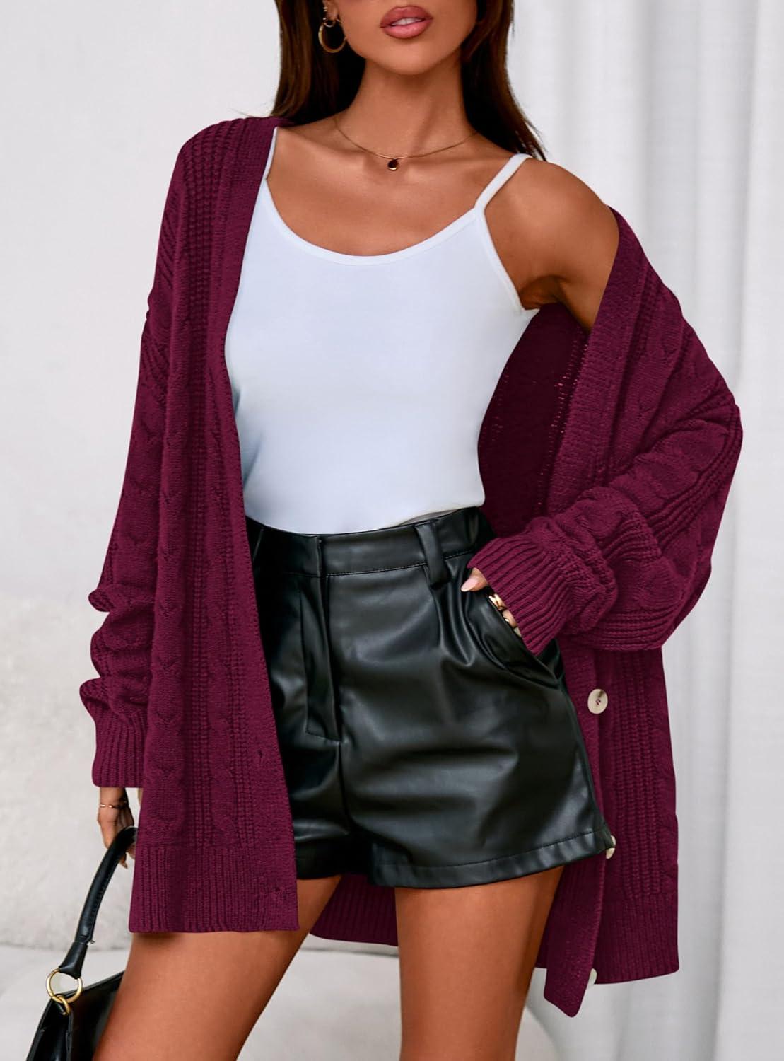 imagePRETTYGARDEN Womens Chunky Cardigan Sweaters 2025 Fall Oversized Cable Knit Long Sleeve Open Front Cardigans Winter ClothingBurgundy