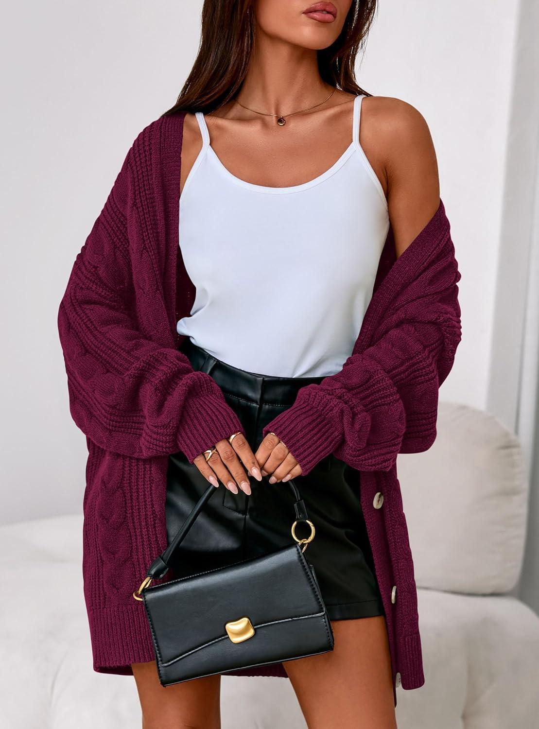 imagePRETTYGARDEN Womens Chunky Cardigan Sweaters 2025 Fall Oversized Cable Knit Long Sleeve Open Front Cardigans Winter ClothingBurgundy
