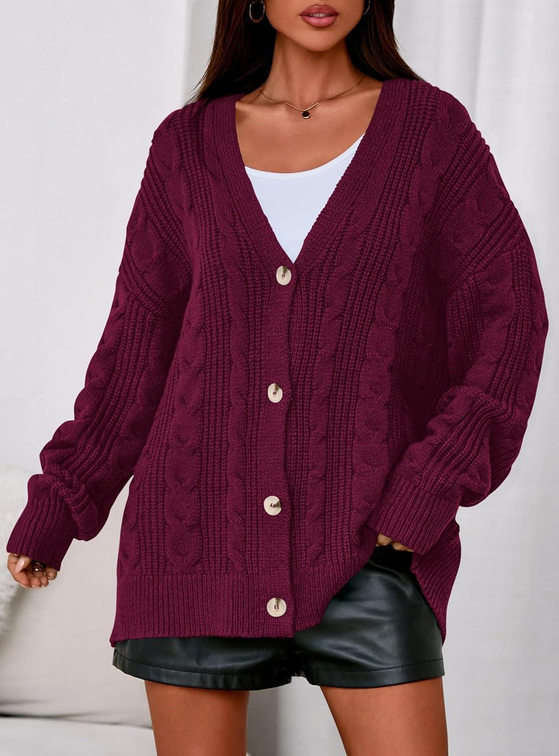 imagePRETTYGARDEN Womens Chunky Cardigan Sweaters 2025 Fall Oversized Cable Knit Long Sleeve Open Front Cardigans Winter ClothingBurgundy