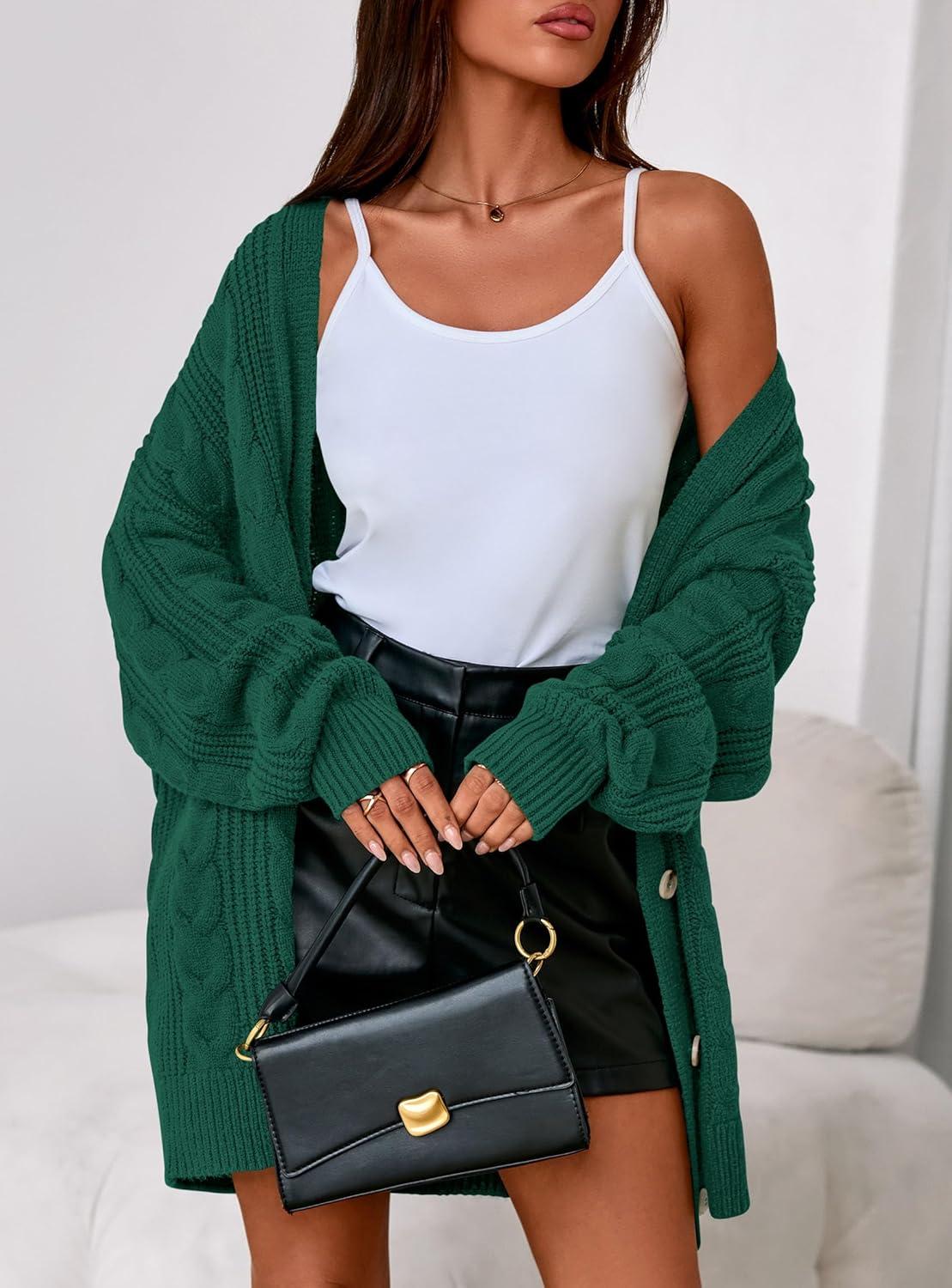 imagePRETTYGARDEN Womens Chunky Cardigan Sweaters 2025 Fall Oversized Cable Knit Long Sleeve Open Front Cardigans Winter ClothingDark Green