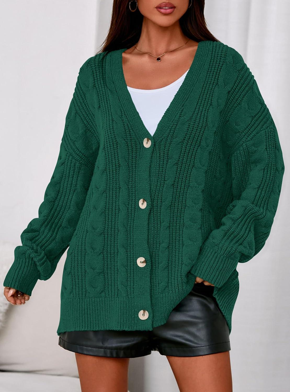 imagePRETTYGARDEN Womens Chunky Cardigan Sweaters 2025 Fall Oversized Cable Knit Long Sleeve Open Front Cardigans Winter ClothingDark Green