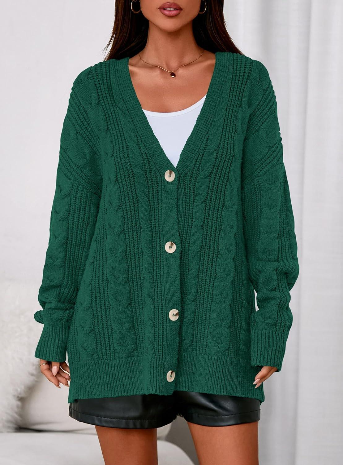 imagePRETTYGARDEN Womens Chunky Cardigan Sweaters 2025 Fall Oversized Cable Knit Long Sleeve Open Front Cardigans Winter ClothingDark Green
