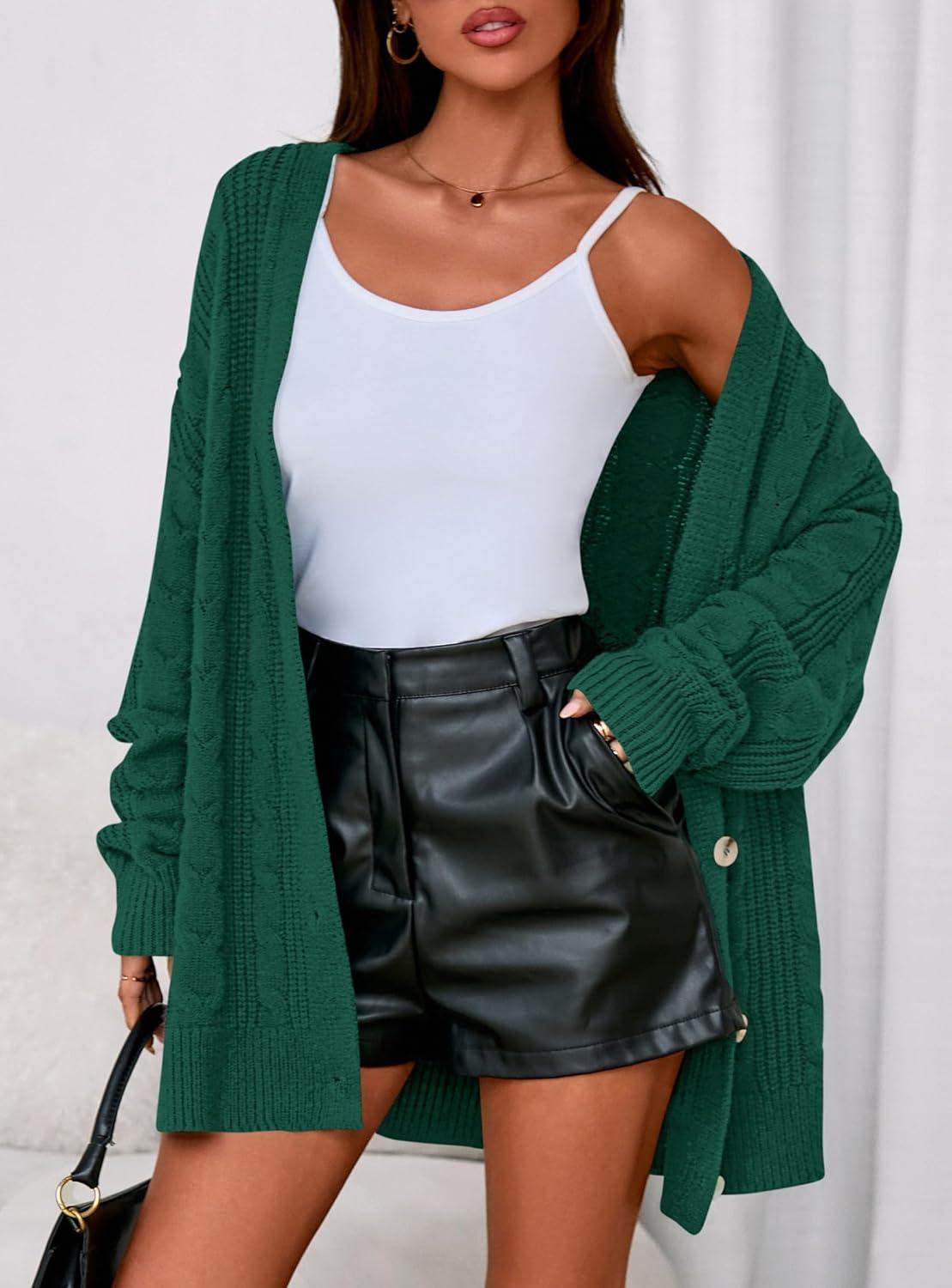 imagePRETTYGARDEN Womens Chunky Cardigan Sweaters 2025 Fall Oversized Cable Knit Long Sleeve Open Front Cardigans Winter ClothingDark Green
