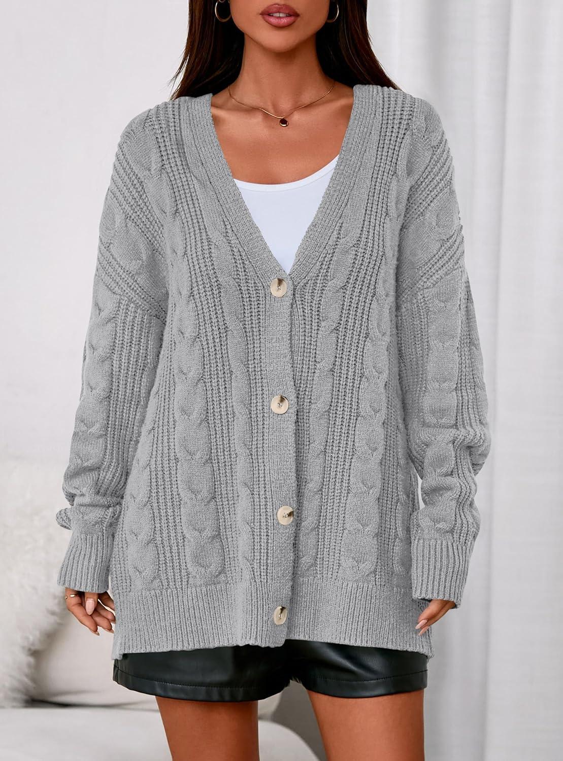 imagePRETTYGARDEN Womens Chunky Cardigan Sweaters 2025 Fall Oversized Cable Knit Long Sleeve Open Front Cardigans Winter ClothingGrey