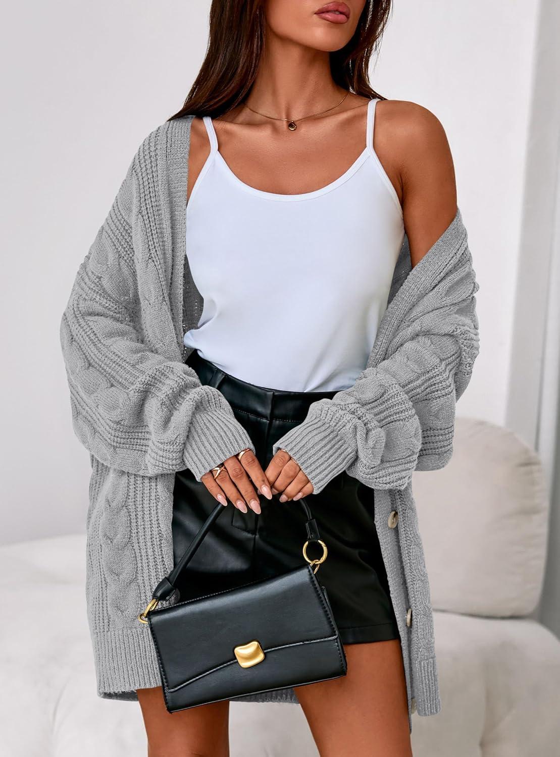 imagePRETTYGARDEN Womens Chunky Cardigan Sweaters 2025 Fall Oversized Cable Knit Long Sleeve Open Front Cardigans Winter ClothingGrey