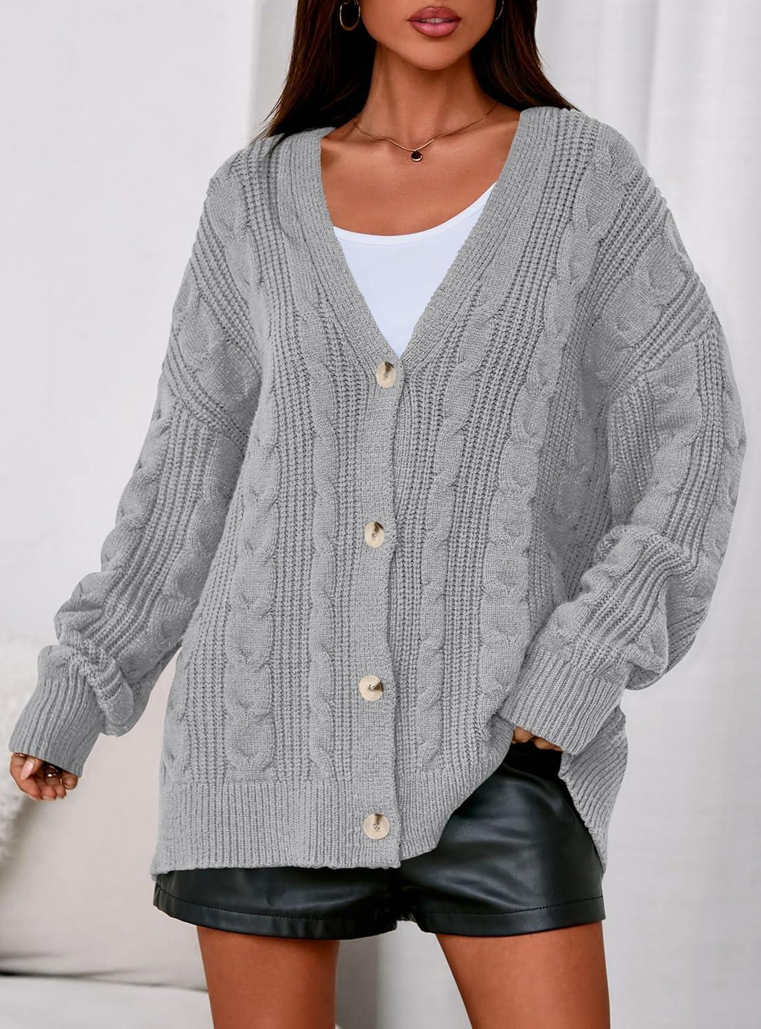 imagePRETTYGARDEN Womens Chunky Cardigan Sweaters 2025 Fall Oversized Cable Knit Long Sleeve Open Front Cardigans Winter ClothingGrey