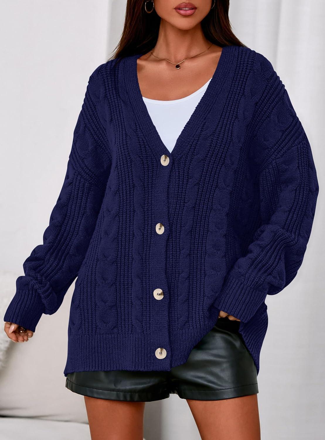 imagePRETTYGARDEN Womens Chunky Cardigan Sweaters 2025 Fall Oversized Cable Knit Long Sleeve Open Front Cardigans Winter ClothingNavy Blue