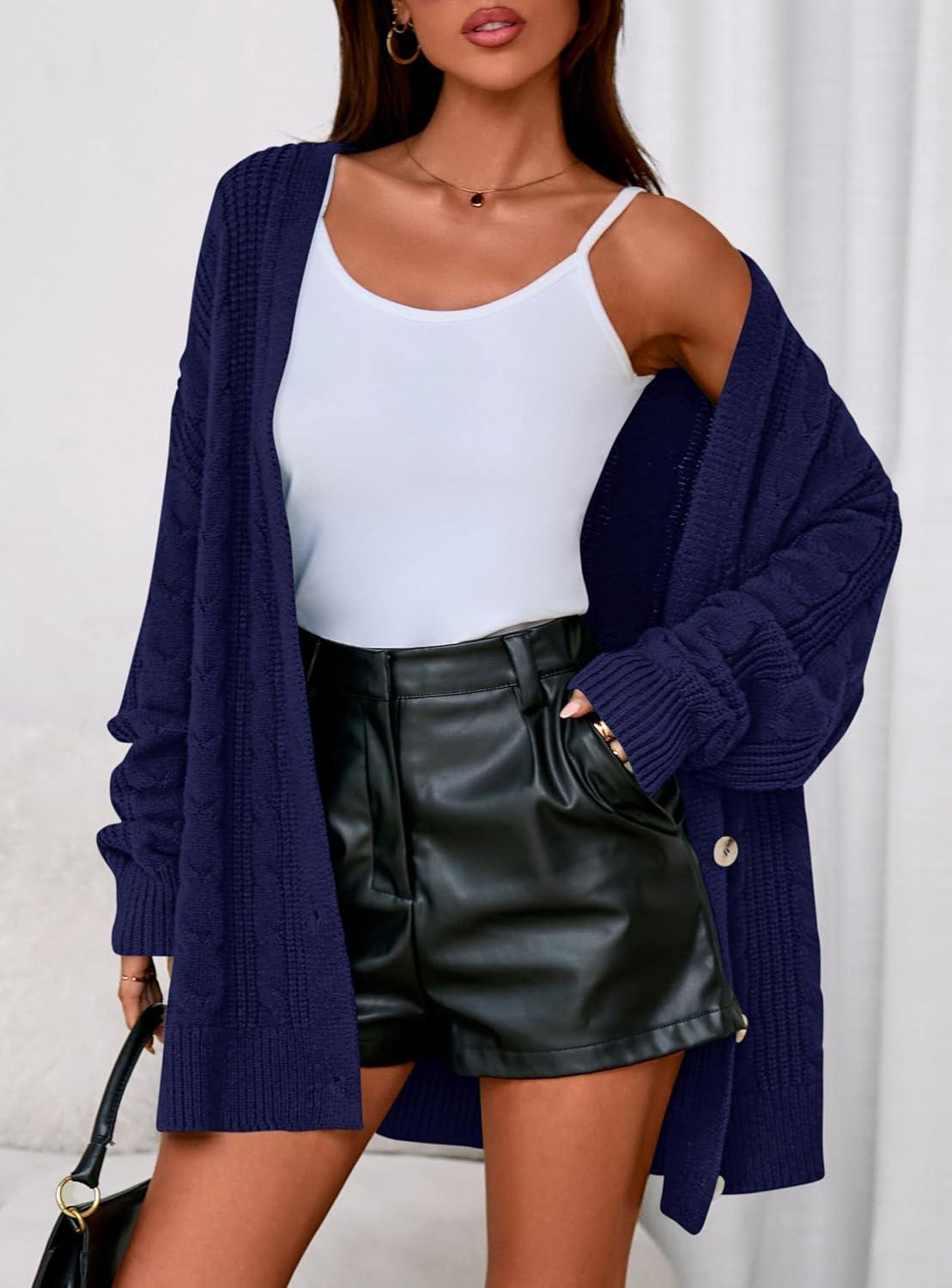 imagePRETTYGARDEN Womens Chunky Cardigan Sweaters 2025 Fall Oversized Cable Knit Long Sleeve Open Front Cardigans Winter ClothingNavy Blue
