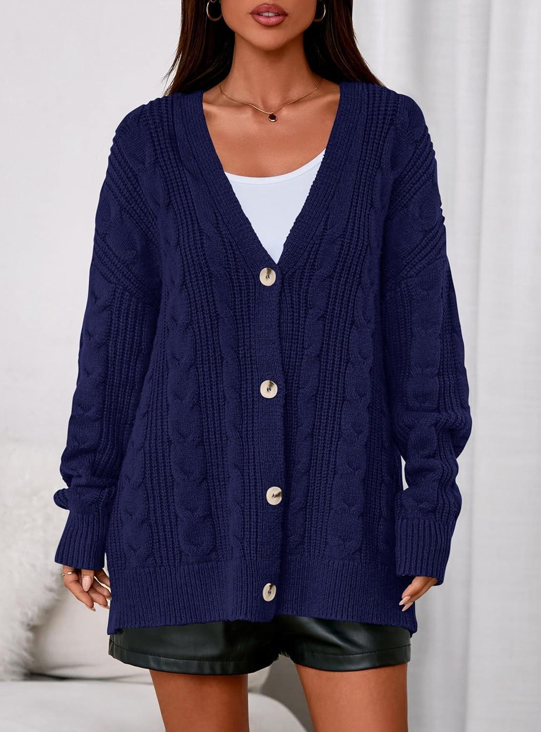 imagePRETTYGARDEN Womens Chunky Cardigan Sweaters 2025 Fall Oversized Cable Knit Long Sleeve Open Front Cardigans Winter ClothingNavy Blue