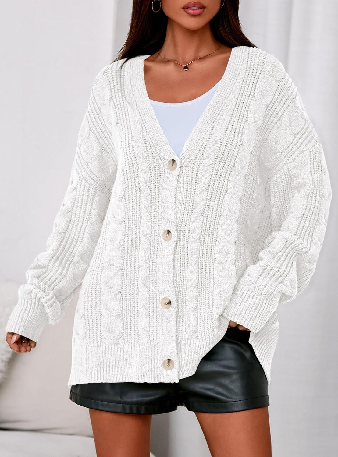 imagePRETTYGARDEN Womens Chunky Cardigan Sweaters 2025 Fall Oversized Cable Knit Long Sleeve Open Front Cardigans Winter ClothingWhite