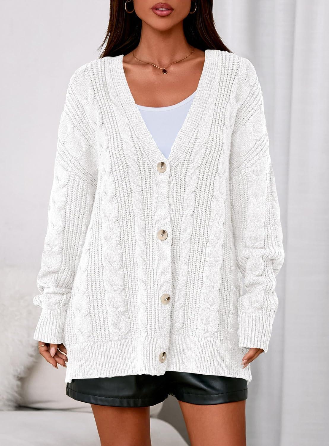 imagePRETTYGARDEN Womens Chunky Cardigan Sweaters 2025 Fall Oversized Cable Knit Long Sleeve Open Front Cardigans Winter ClothingWhite