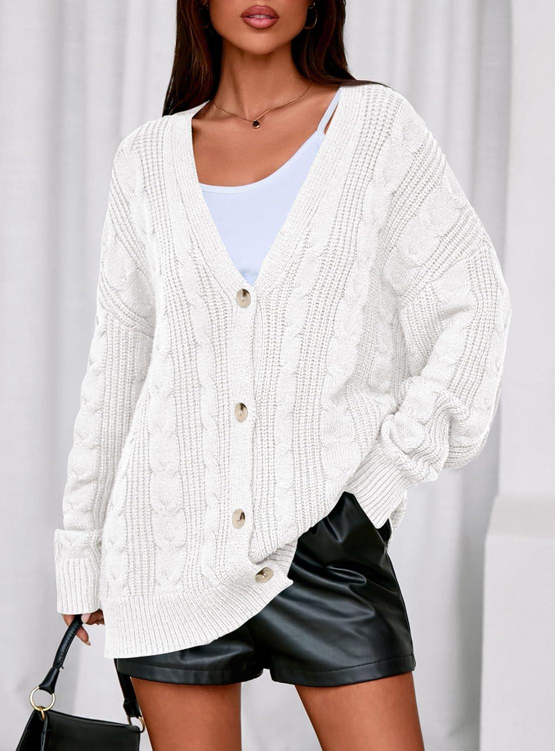 imagePRETTYGARDEN Womens Chunky Cardigan Sweaters 2025 Fall Oversized Cable Knit Long Sleeve Open Front Cardigans Winter ClothingWhite