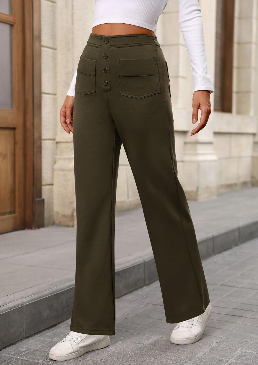 imagePRETTYGARDEN Womens Dressy Casual Dress Pants 2025 Fall Straight Leg High Elastic Waisted Stretch Trouser SlacksArmy Green