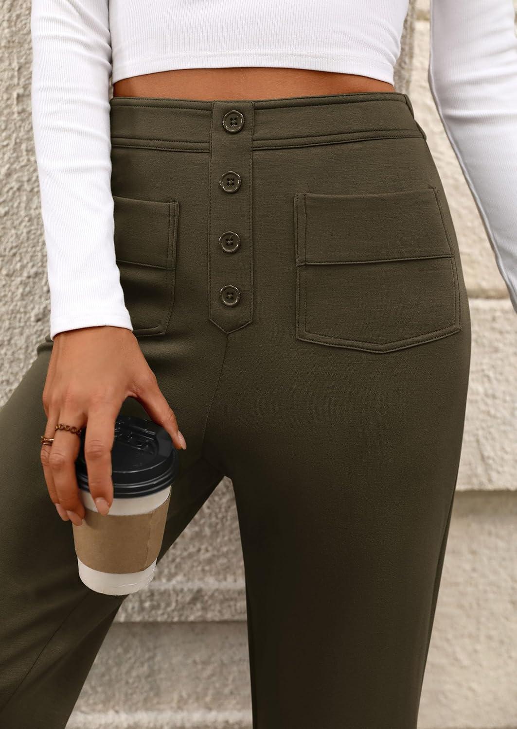 imagePRETTYGARDEN Womens Dressy Casual Dress Pants 2025 Fall Straight Leg High Elastic Waisted Stretch Trouser SlacksArmy Green