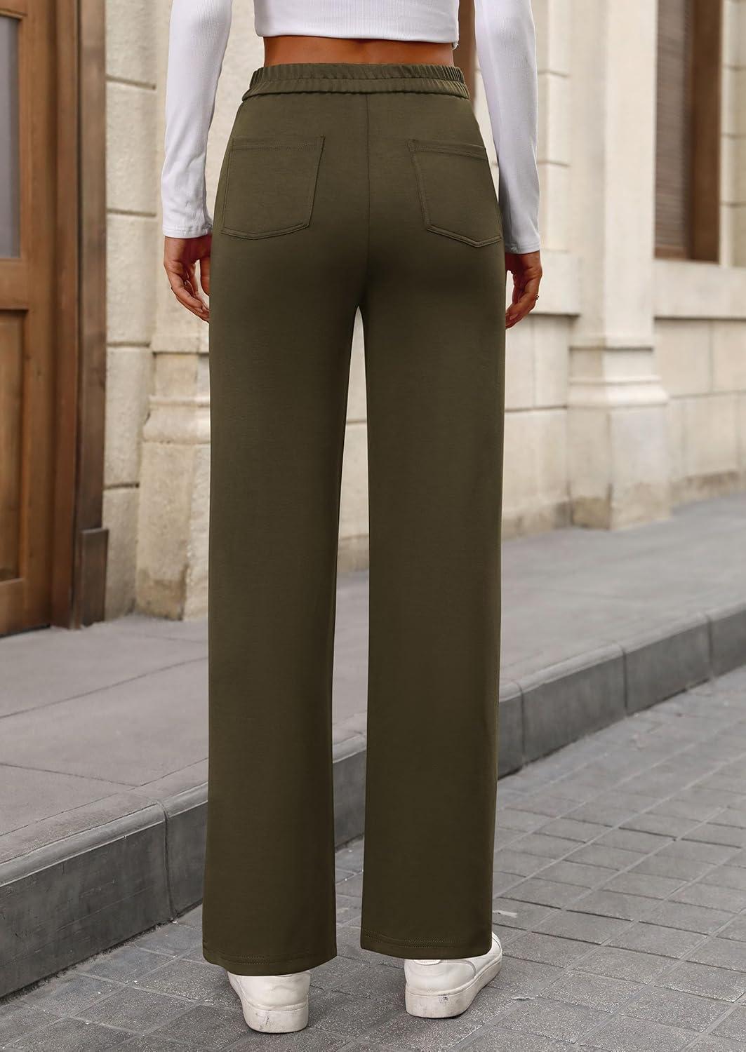 imagePRETTYGARDEN Womens Dressy Casual Dress Pants 2025 Fall Straight Leg High Elastic Waisted Stretch Trouser SlacksArmy Green