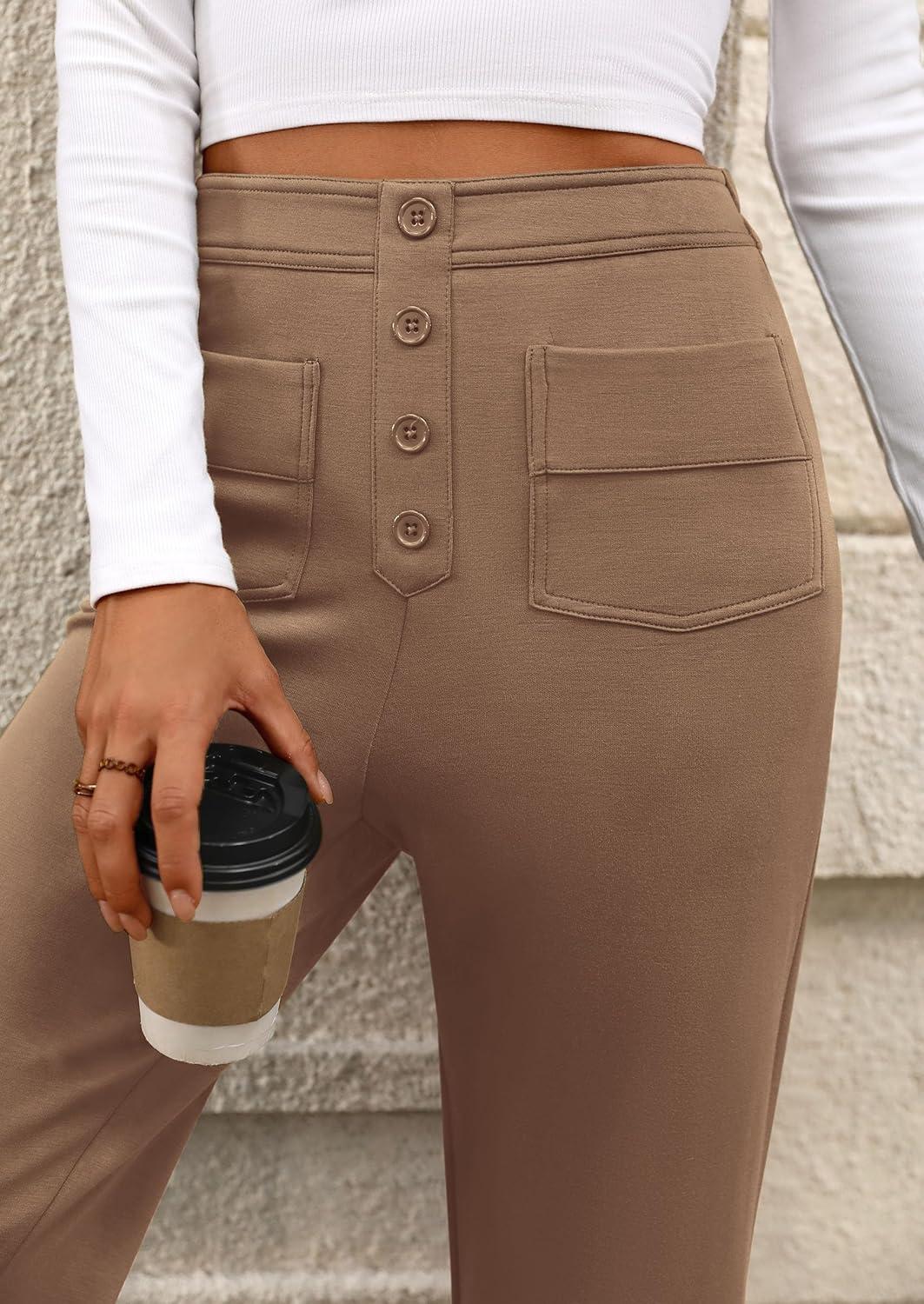 imagePRETTYGARDEN Womens Dressy Casual Dress Pants 2025 Fall Straight Leg High Elastic Waisted Stretch Trouser SlacksKhaki
