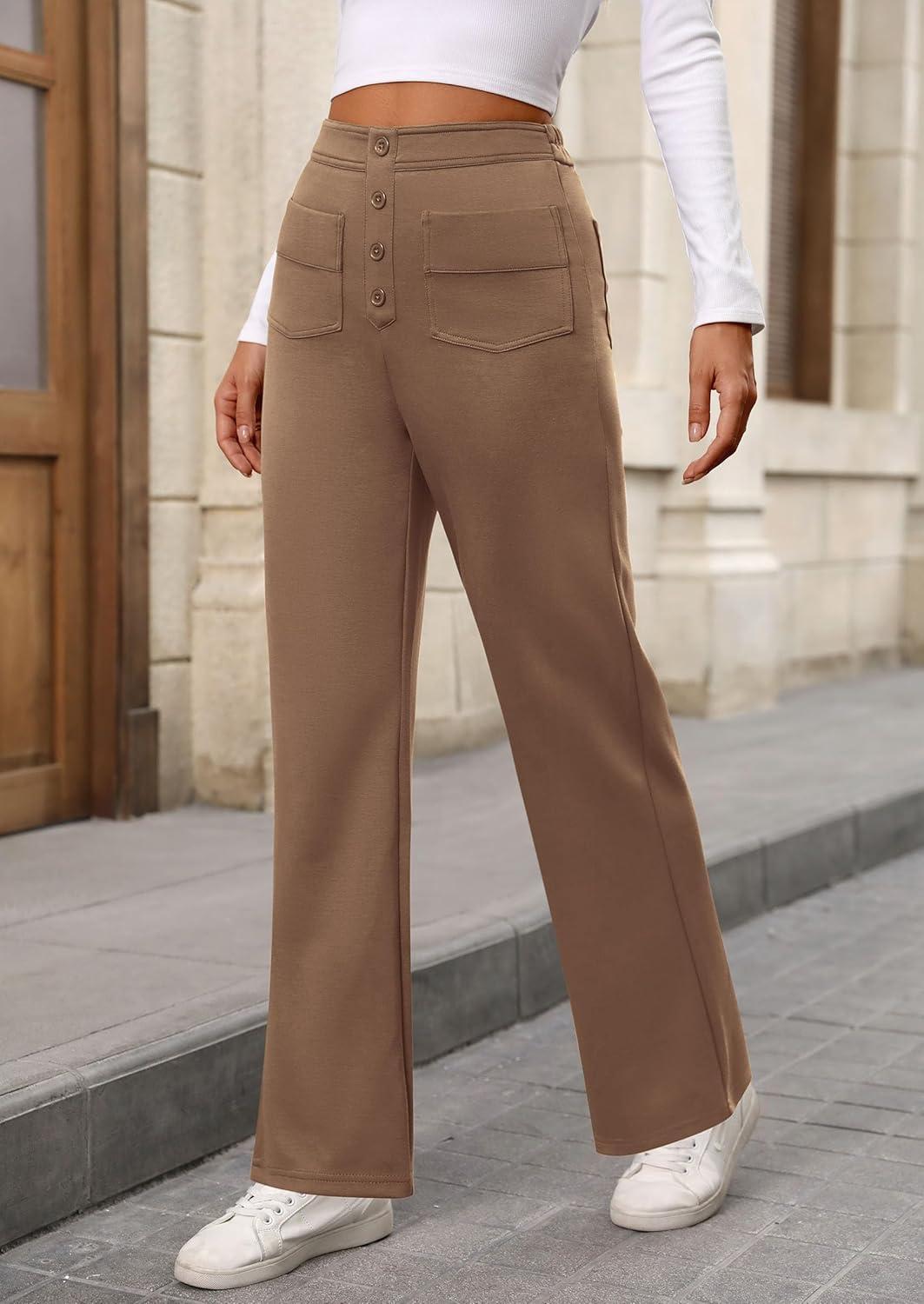 imagePRETTYGARDEN Womens Dressy Casual Dress Pants 2025 Fall Straight Leg High Elastic Waisted Stretch Trouser SlacksKhaki