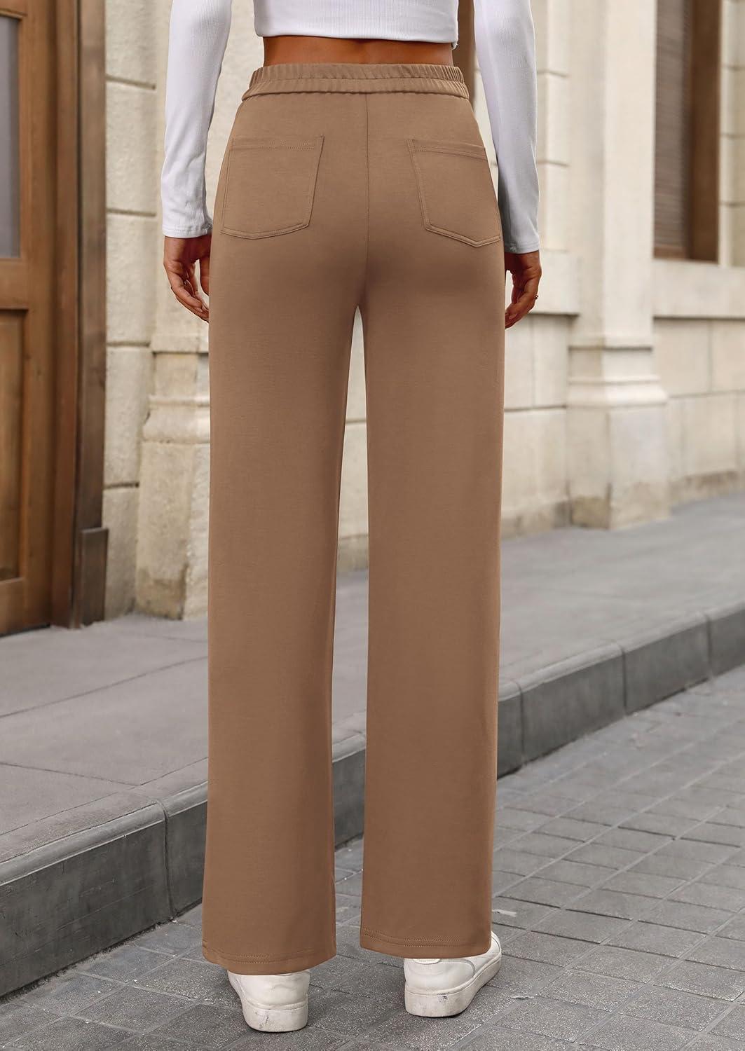 imagePRETTYGARDEN Womens Dressy Casual Dress Pants 2025 Fall Straight Leg High Elastic Waisted Stretch Trouser SlacksKhaki