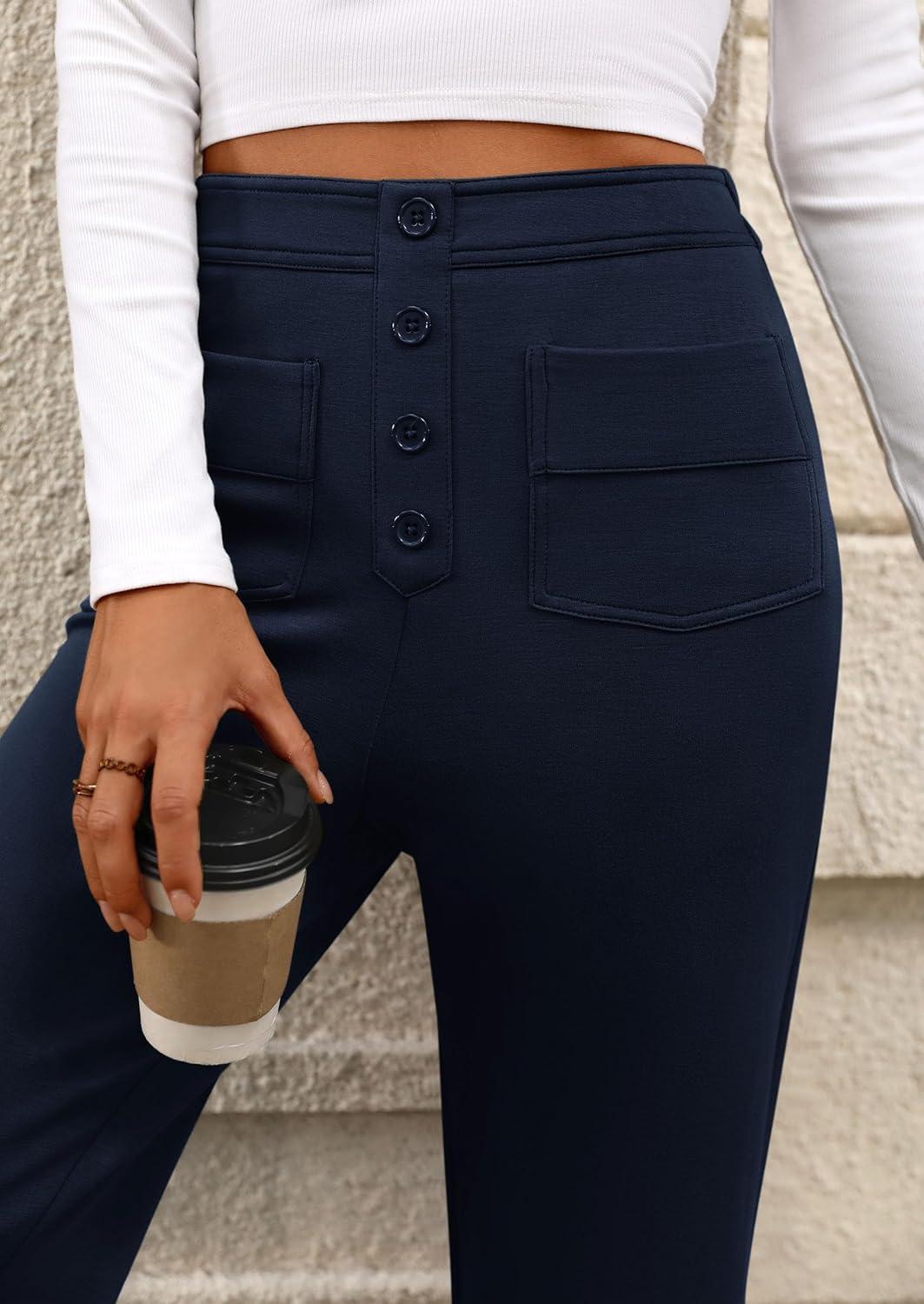 imagePRETTYGARDEN Womens Dressy Casual Dress Pants 2025 Fall Straight Leg High Elastic Waisted Stretch Trouser SlacksNavy