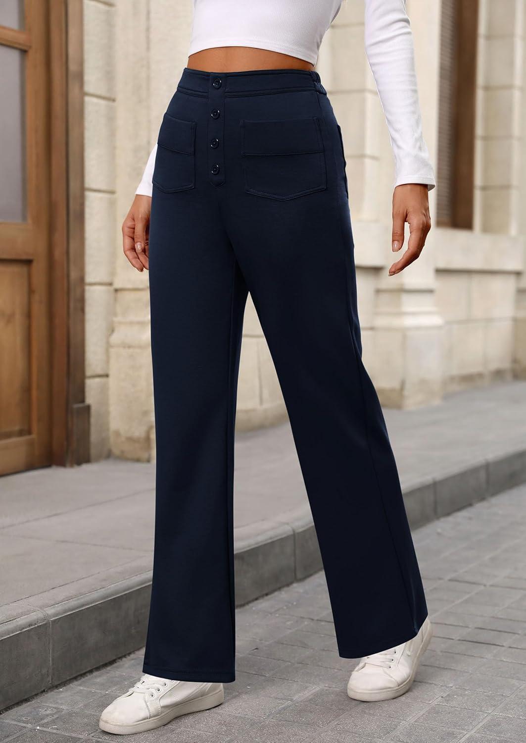imagePRETTYGARDEN Womens Dressy Casual Dress Pants 2025 Fall Straight Leg High Elastic Waisted Stretch Trouser SlacksNavy