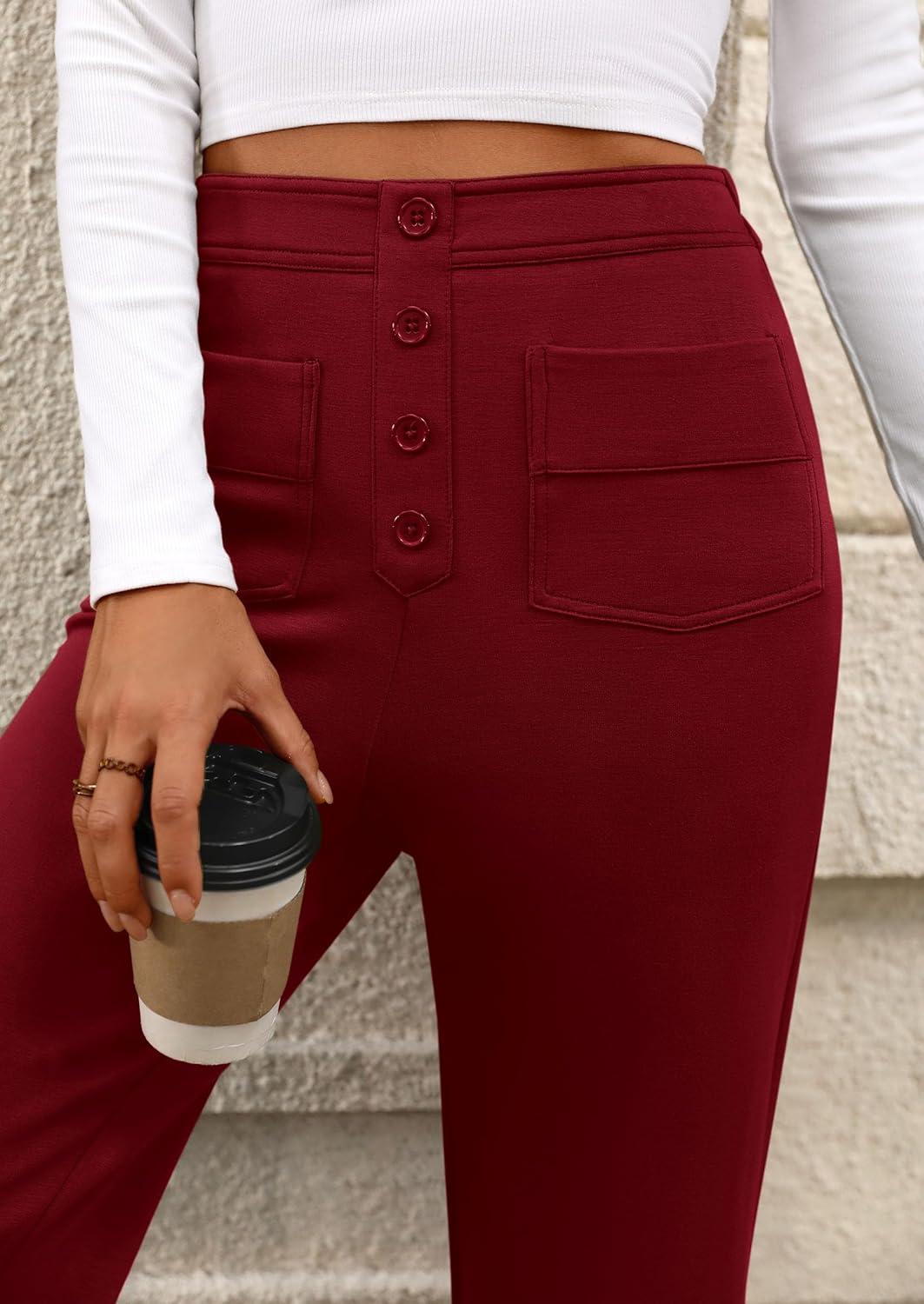 imagePRETTYGARDEN Womens Dressy Casual Dress Pants 2025 Fall Straight Leg High Elastic Waisted Stretch Trouser SlacksWine Red