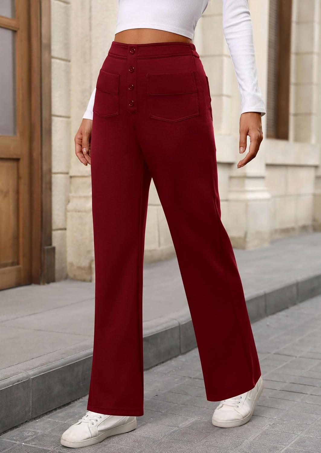 imagePRETTYGARDEN Womens Dressy Casual Dress Pants 2025 Fall Straight Leg High Elastic Waisted Stretch Trouser SlacksWine Red