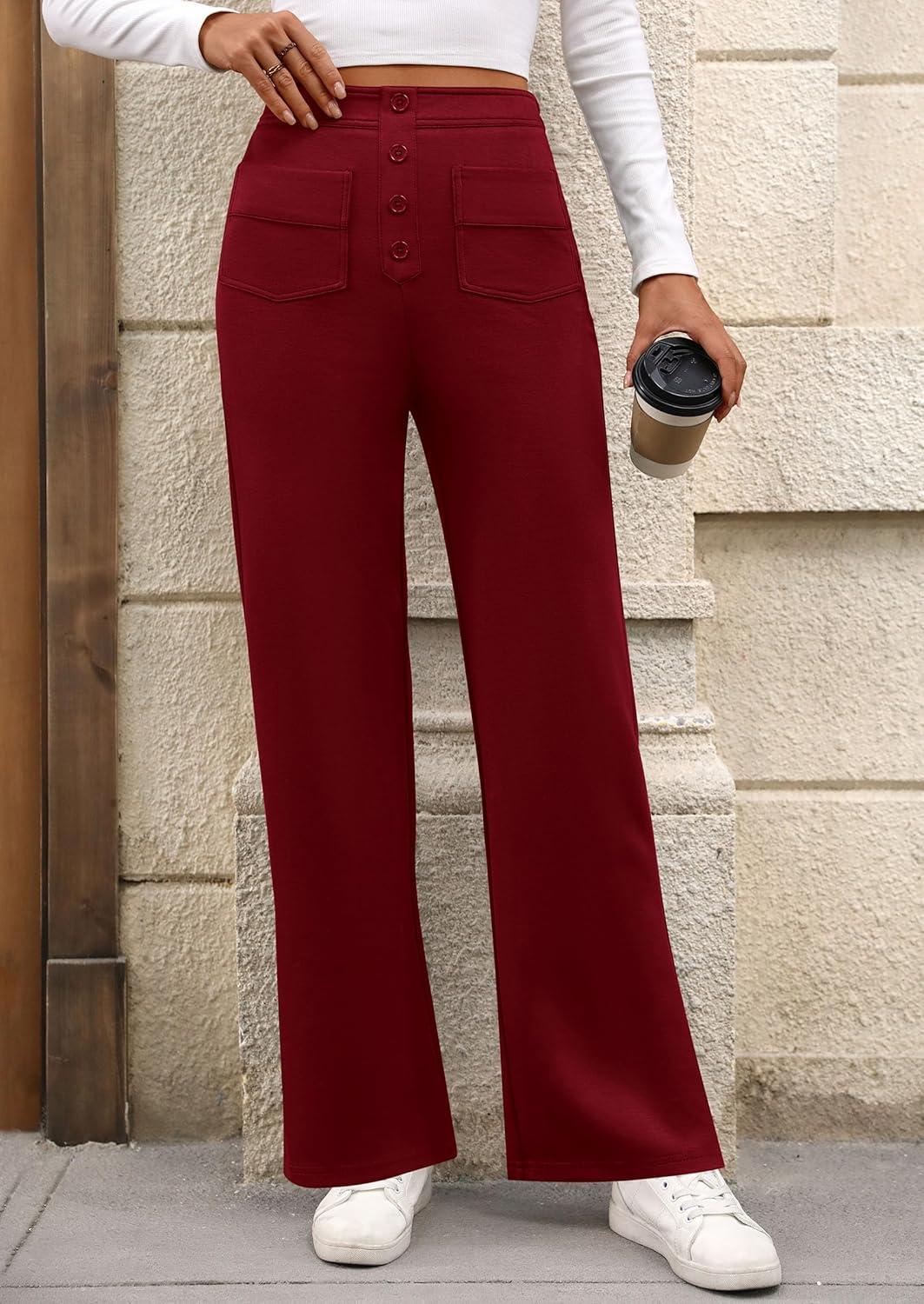 imagePRETTYGARDEN Womens Dressy Casual Dress Pants 2025 Fall Straight Leg High Elastic Waisted Stretch Trouser SlacksWine Red