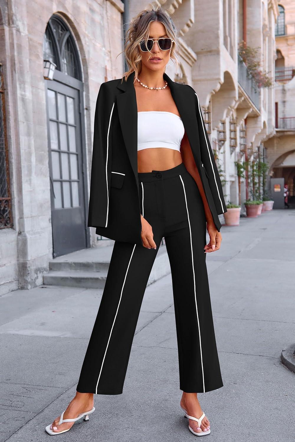 imagePRETTYGARDEN Womens Fall Spring 2 Piece Blazer Outfits Business Casual Oversized Jacket Wide Leg Work Pants Dressy Suit SetBlack