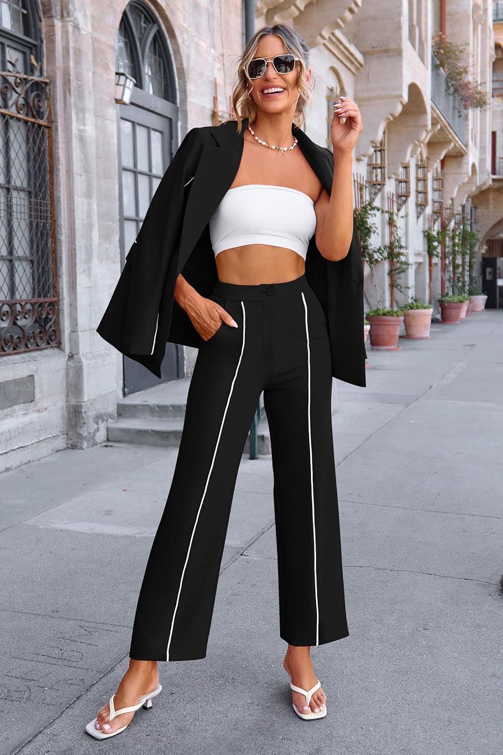 imagePRETTYGARDEN Womens Fall Spring 2 Piece Blazer Outfits Business Casual Oversized Jacket Wide Leg Work Pants Dressy Suit SetBlack