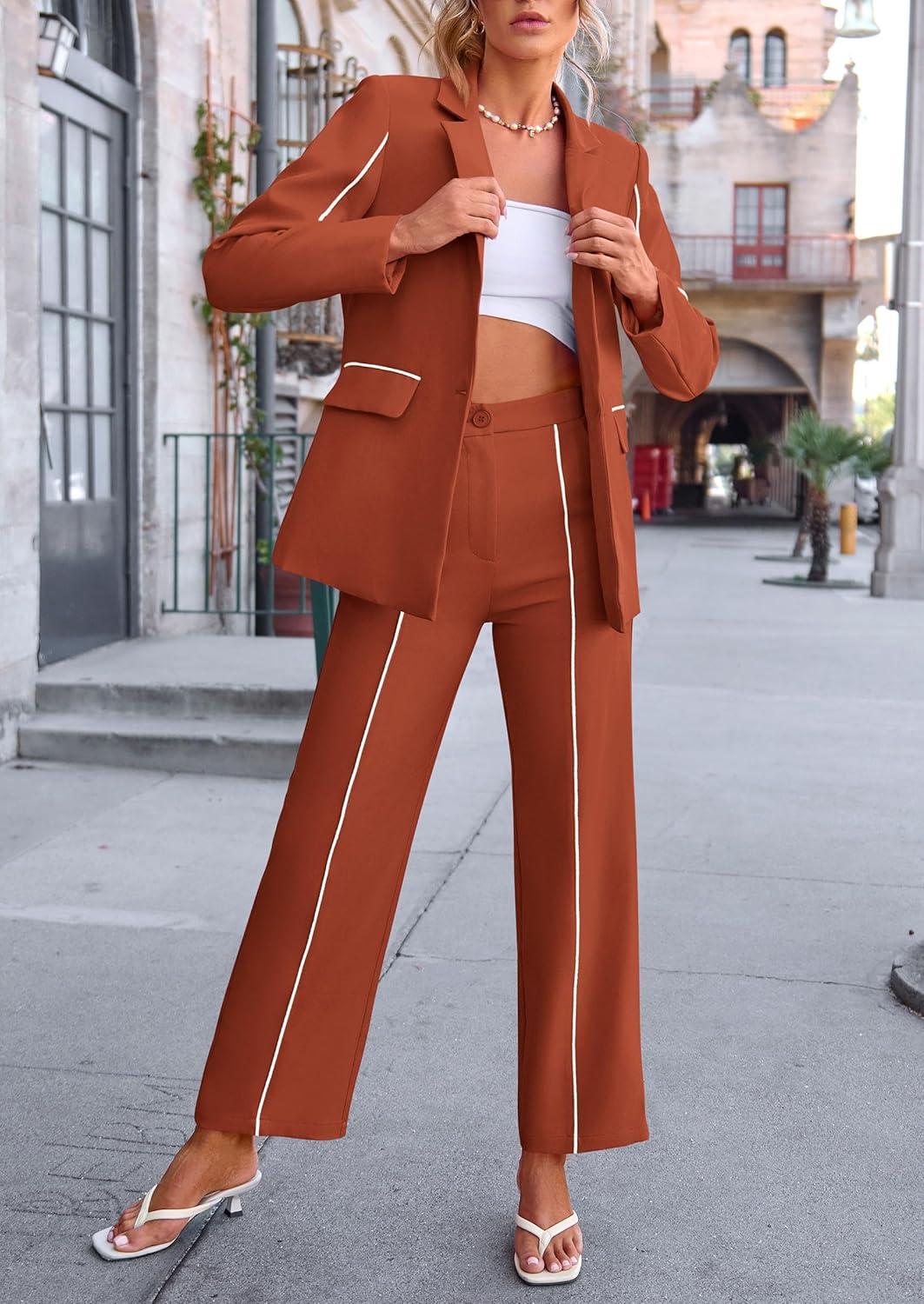 imagePRETTYGARDEN Womens Fall Spring 2 Piece Blazer Outfits Business Casual Oversized Jacket Wide Leg Work Pants Dressy Suit SetBrick Red