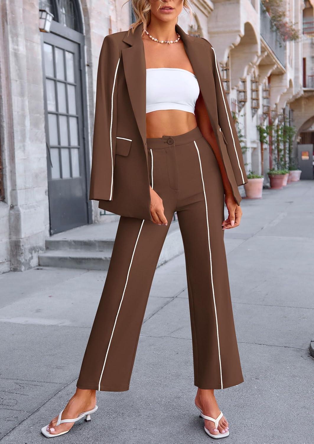 imagePRETTYGARDEN Womens Fall Spring 2 Piece Blazer Outfits Business Casual Oversized Jacket Wide Leg Work Pants Dressy Suit SetCoffee