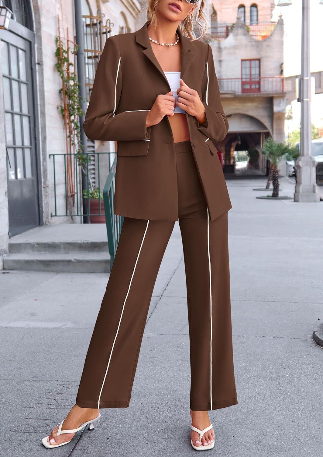 imagePRETTYGARDEN Womens Fall Spring 2 Piece Blazer Outfits Business Casual Oversized Jacket Wide Leg Work Pants Dressy Suit SetCoffee