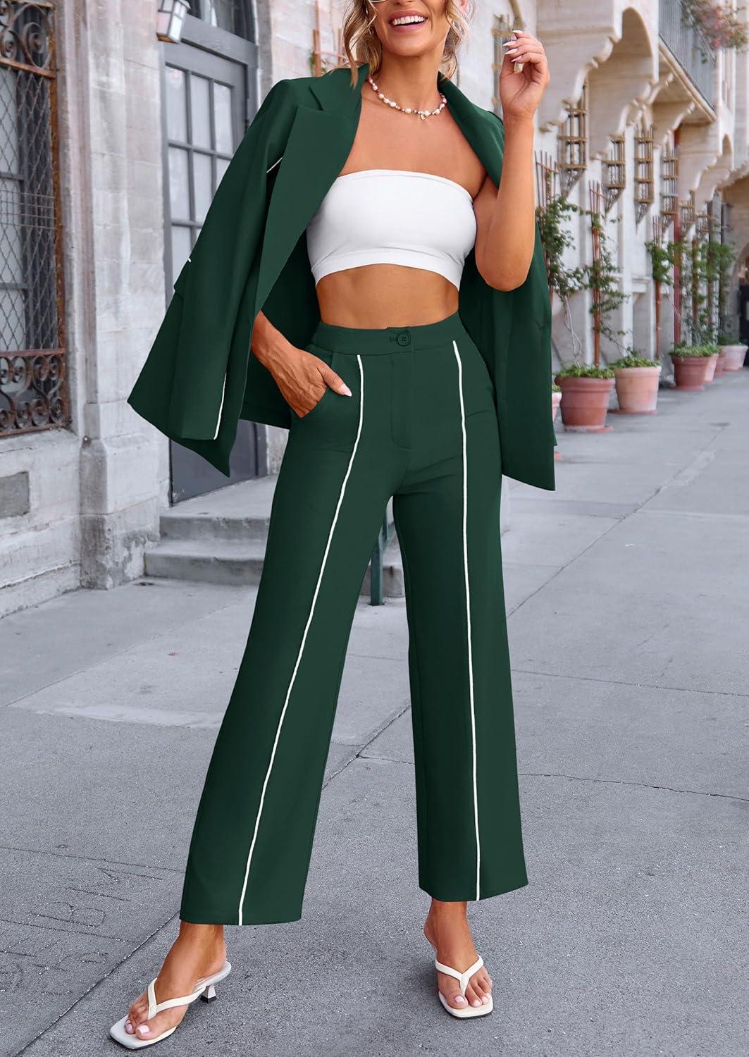 imagePRETTYGARDEN Womens Fall Spring 2 Piece Blazer Outfits Business Casual Oversized Jacket Wide Leg Work Pants Dressy Suit SetDark Green