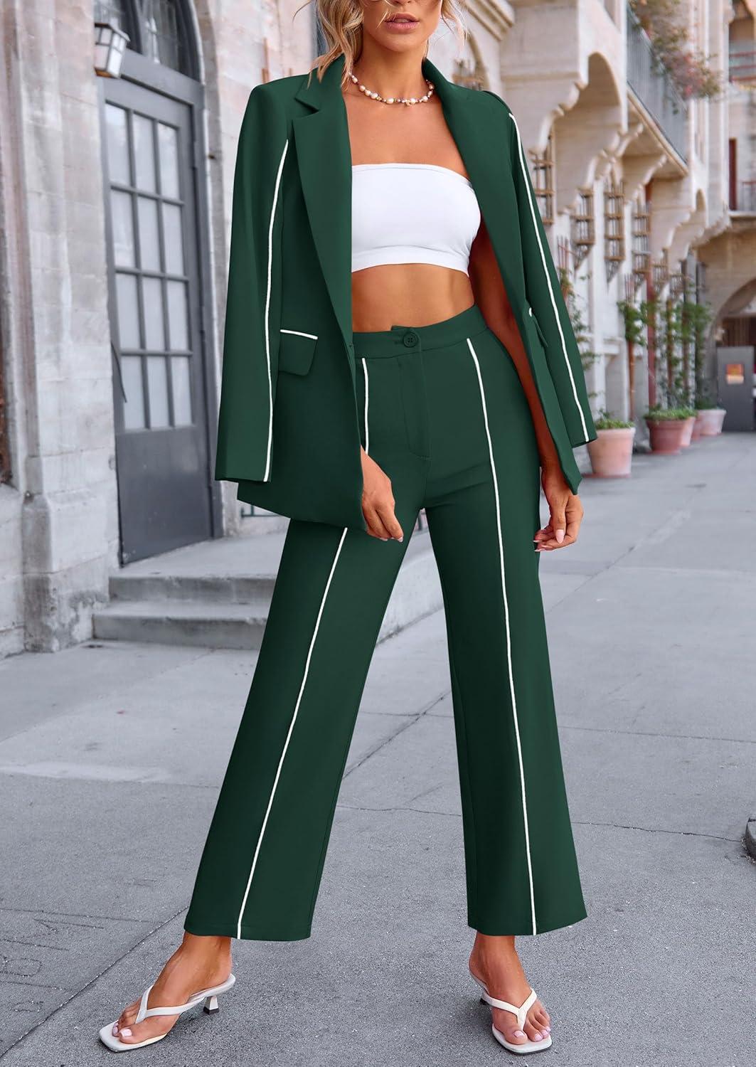 imagePRETTYGARDEN Womens Fall Spring 2 Piece Blazer Outfits Business Casual Oversized Jacket Wide Leg Work Pants Dressy Suit SetDark Green