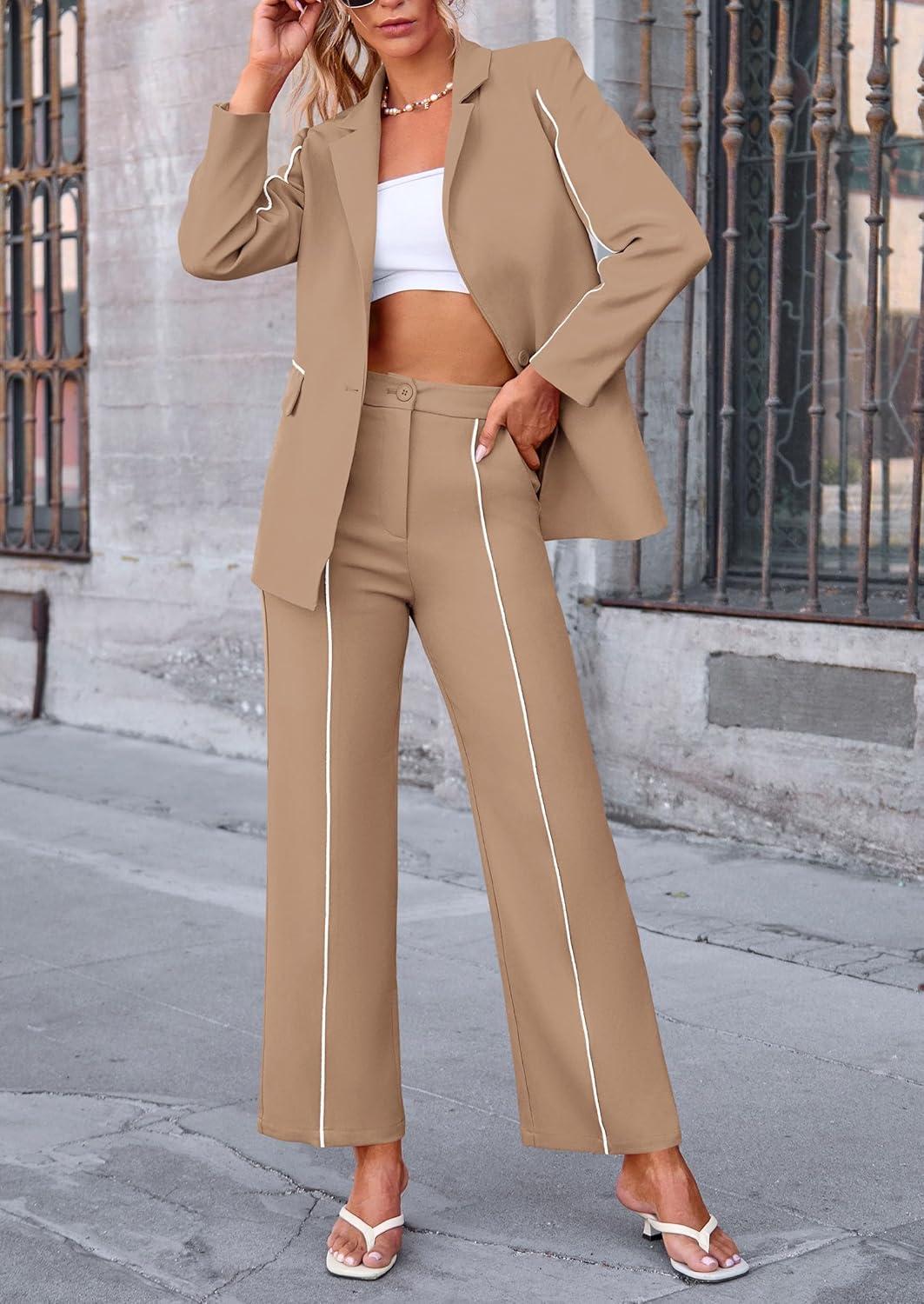 imagePRETTYGARDEN Womens Fall Spring 2 Piece Blazer Outfits Business Casual Oversized Jacket Wide Leg Work Pants Dressy Suit SetKhaki