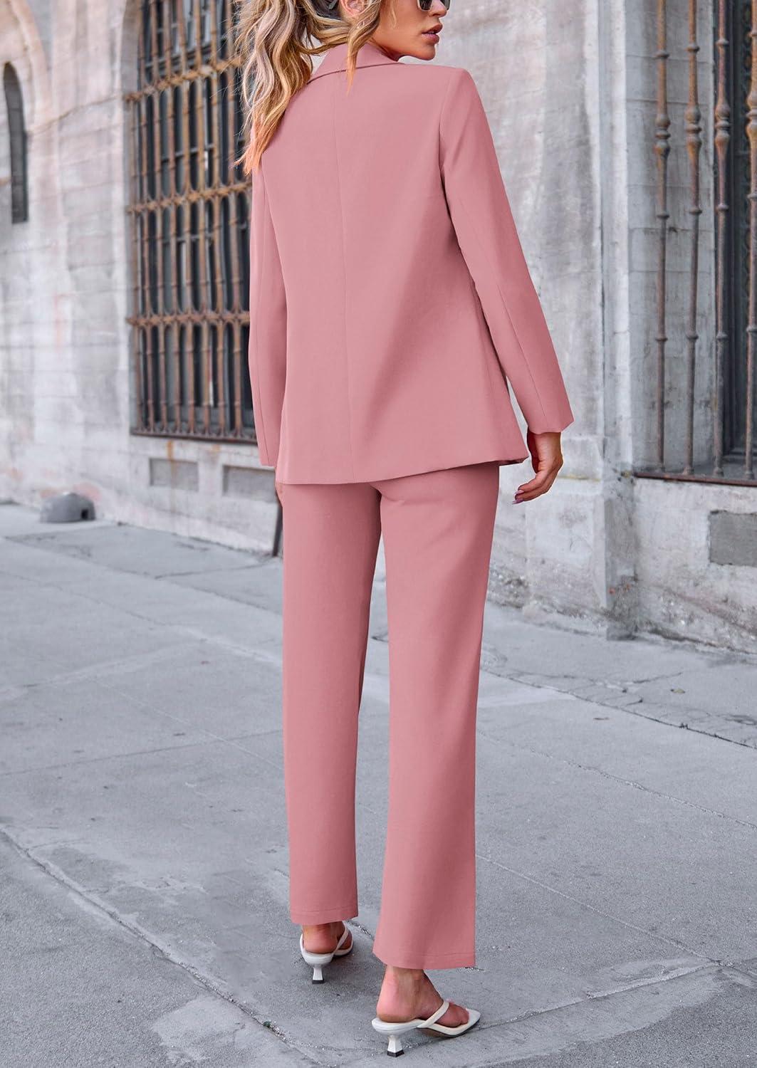 imagePRETTYGARDEN Womens Fall Spring 2 Piece Blazer Outfits Business Casual Oversized Jacket Wide Leg Work Pants Dressy Suit SetPink