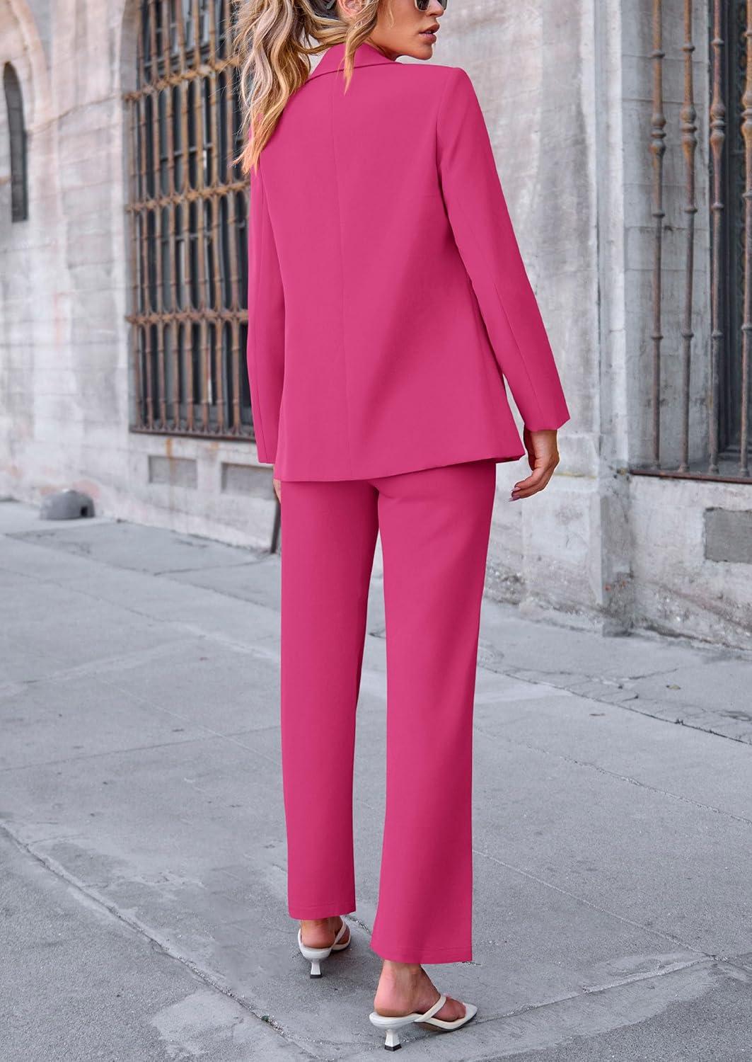 imagePRETTYGARDEN Womens Fall Spring 2 Piece Blazer Outfits Business Casual Oversized Jacket Wide Leg Work Pants Dressy Suit SetRose Red
