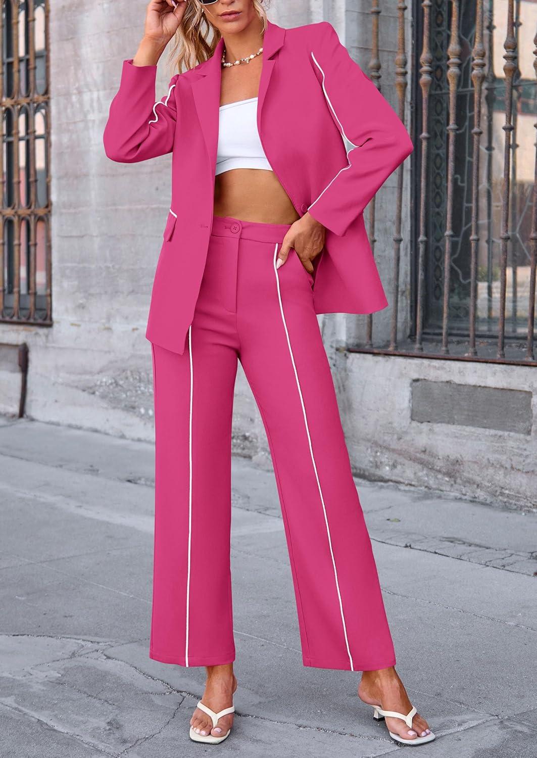 imagePRETTYGARDEN Womens Fall Spring 2 Piece Blazer Outfits Business Casual Oversized Jacket Wide Leg Work Pants Dressy Suit SetRose Red