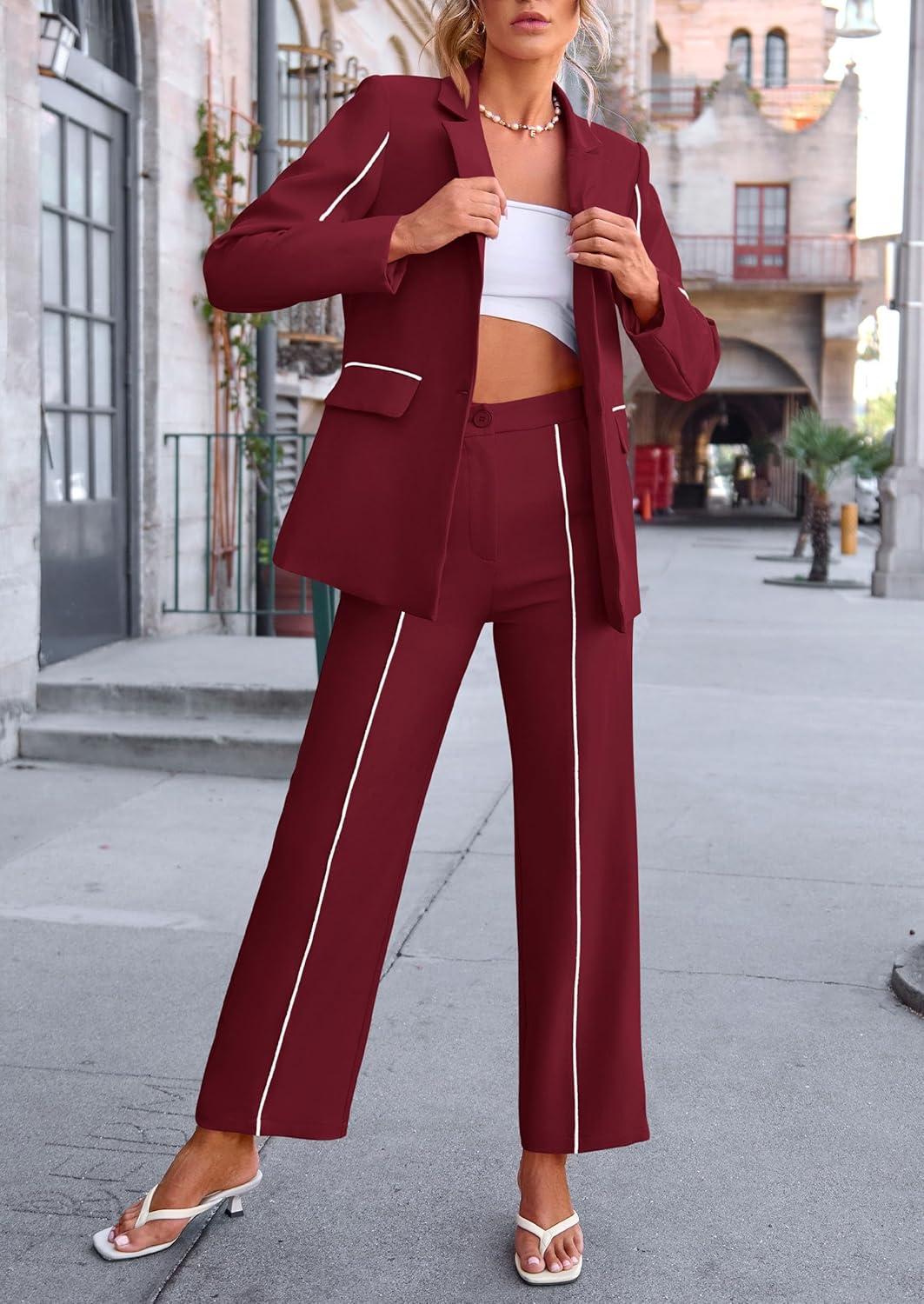 imagePRETTYGARDEN Womens Fall Spring 2 Piece Blazer Outfits Business Casual Oversized Jacket Wide Leg Work Pants Dressy Suit SetWine Red