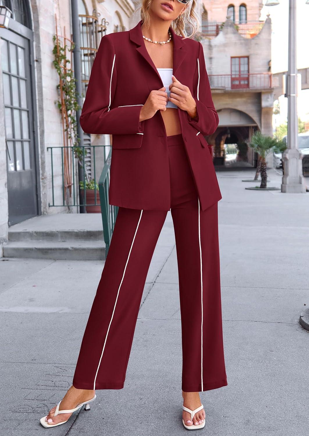 imagePRETTYGARDEN Womens Fall Spring 2 Piece Blazer Outfits Business Casual Oversized Jacket Wide Leg Work Pants Dressy Suit SetWine Red
