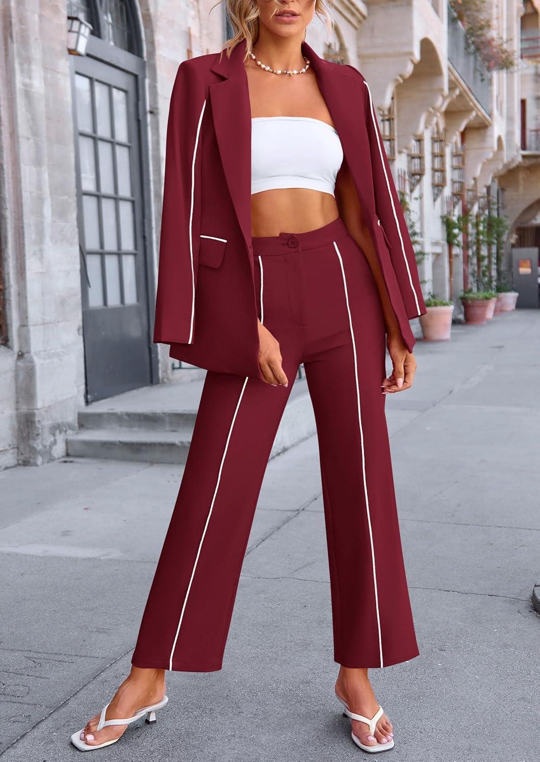 imagePRETTYGARDEN Womens Fall Spring 2 Piece Blazer Outfits Business Casual Oversized Jacket Wide Leg Work Pants Dressy Suit SetWine Red