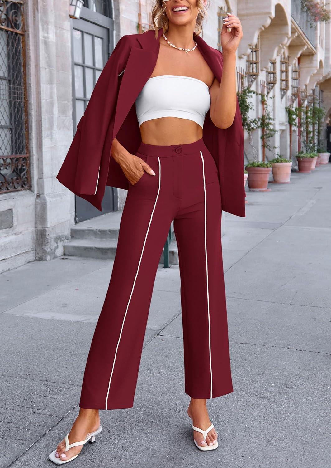 imagePRETTYGARDEN Womens Fall Spring 2 Piece Blazer Outfits Business Casual Oversized Jacket Wide Leg Work Pants Dressy Suit SetWine Red