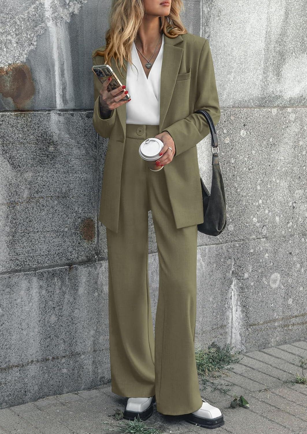 imagePRETTYGARDEN Womens Fall Two Piece Outfits Dressy Blazer Jacket and Wide Leg Pants Pockets Business Casual Office Suit SetsArmy Green